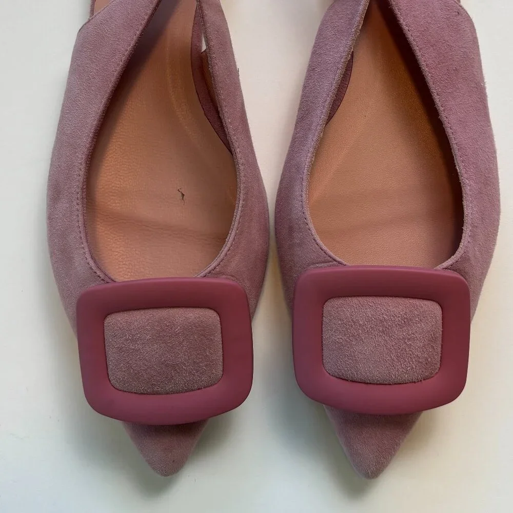 Pretty Ballerinas Suede‎ Slingback Flats 38 Pink Buckle Pointed Toe Spain